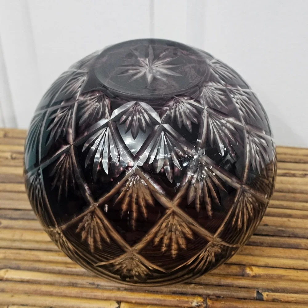 Vintage Amethyst Purple Cut to Clear Glass Rose Bowl Fan Starburst 4.5 inch